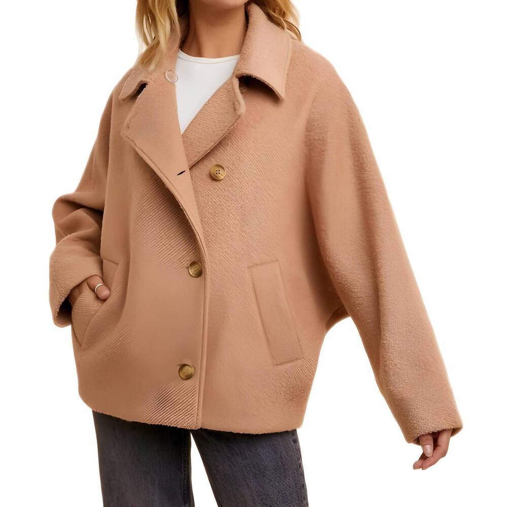 NEW KNIT & LOUNGE oversized cropped wool-blend coat in light fawn - Picture 2 of 5